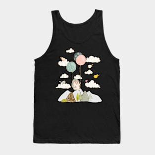 Floating Hedgehog in Sky - Whimsical Scene with Hedgehog and Birds Tank Top